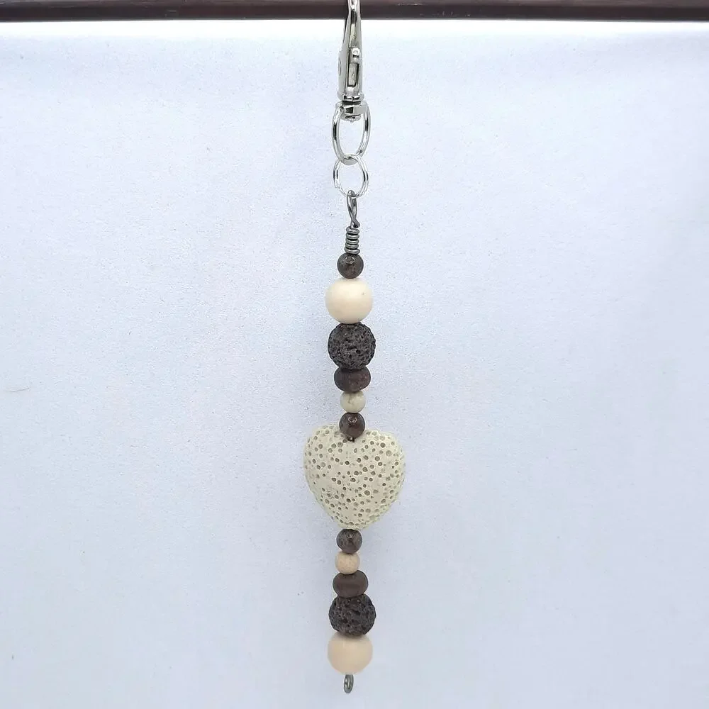 Handmade Beaded Diffuser Bag Charm Large Cream Lava Heart Gemstone Keychain NEW